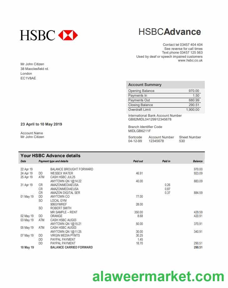 United Kingdom HSBC bank statement template in Word and PDF format